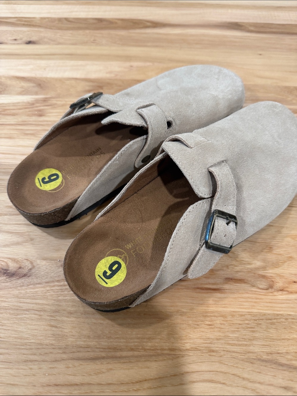 Beige Suede Slip-On Clogs with Buckle